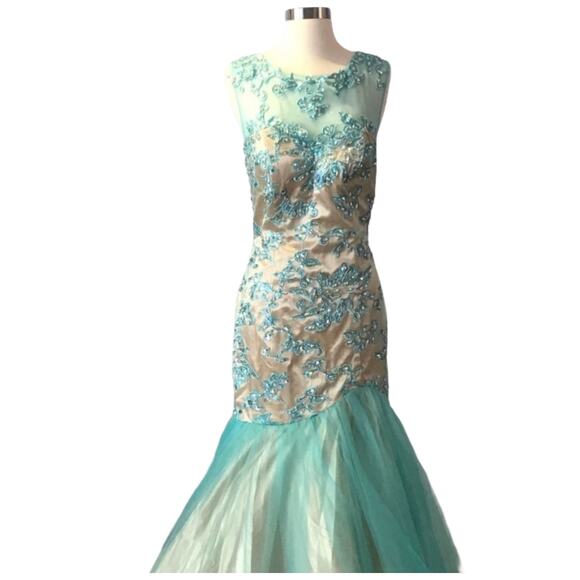 FORMAL GOWN Mermaid Embellished Aqua/Nude Tulle Skirt Ilusion Mesh Beaded Neck - Picture 2 of 9